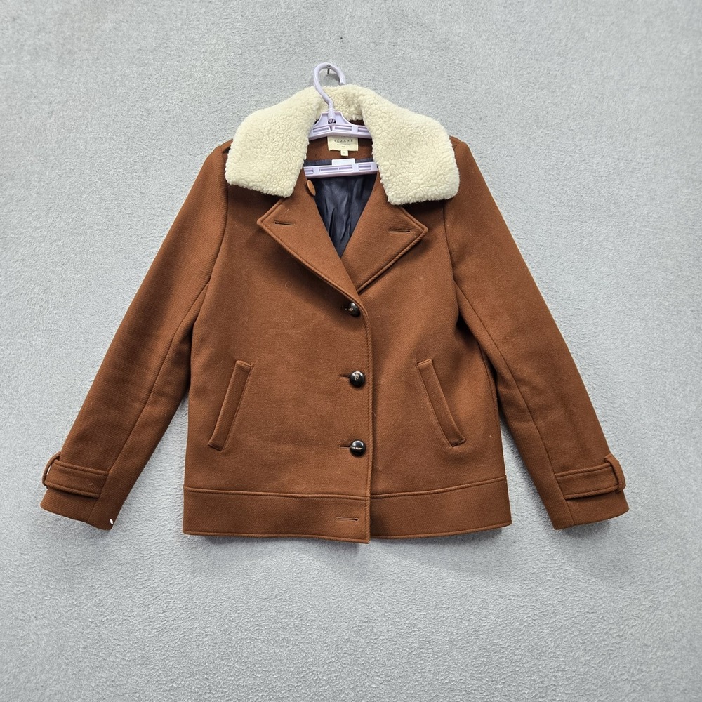Sezane Women Jacket 36 Brown Hamptons Wool Coat Pea Coat Sherpa Collar Lined